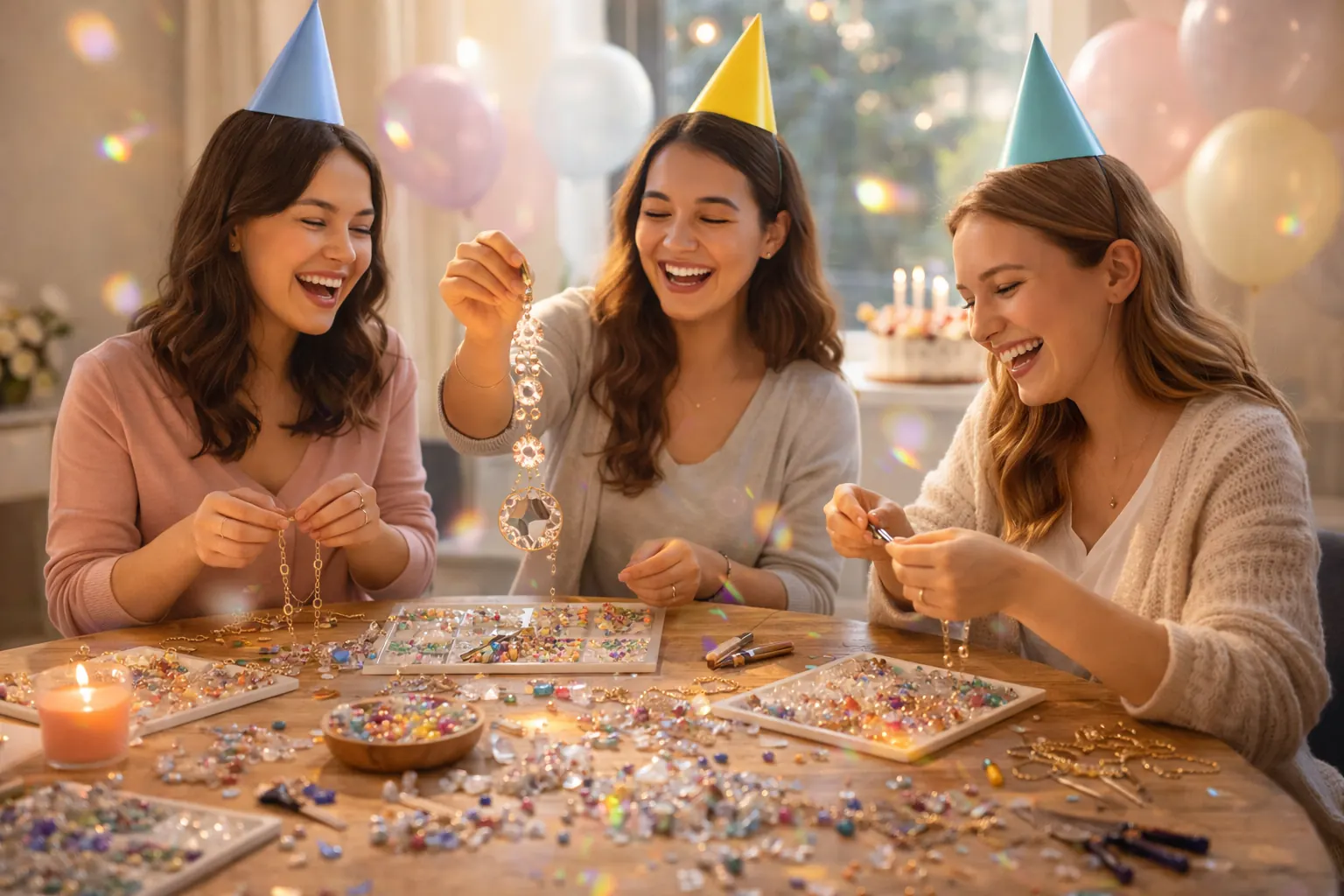 Handmade suncatchers created during a teen birthday party with friends and colorful decorations.
