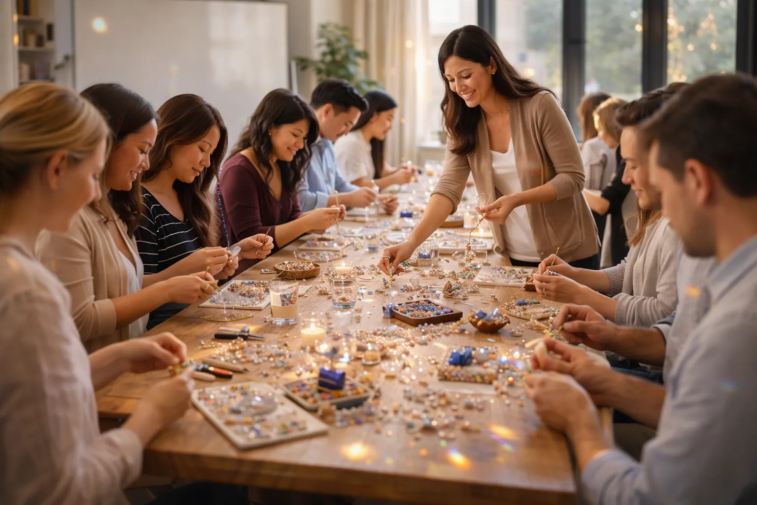 Handmade suncatchers being made during a guided group workshop at a professional venue.