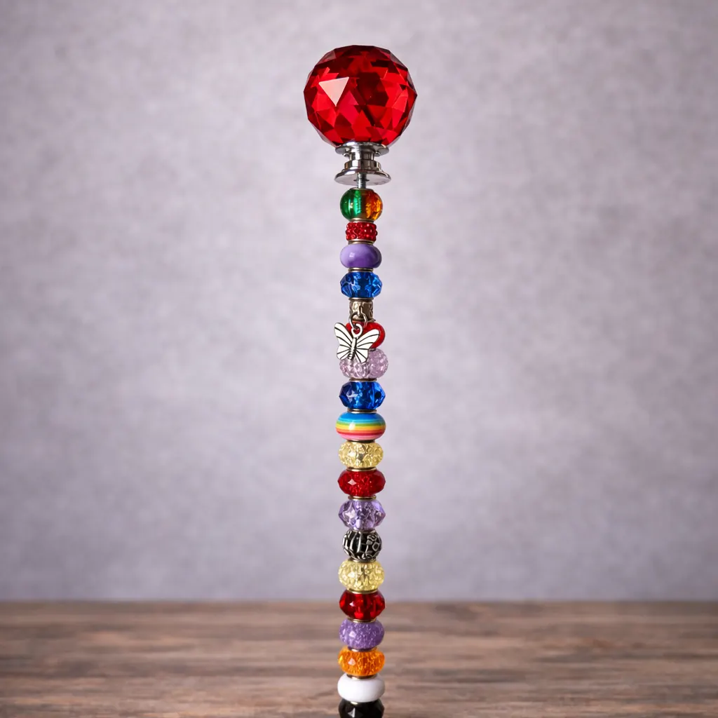 handmade crystal fairy wand suncatcher with red crystal topper and colorful glass beads