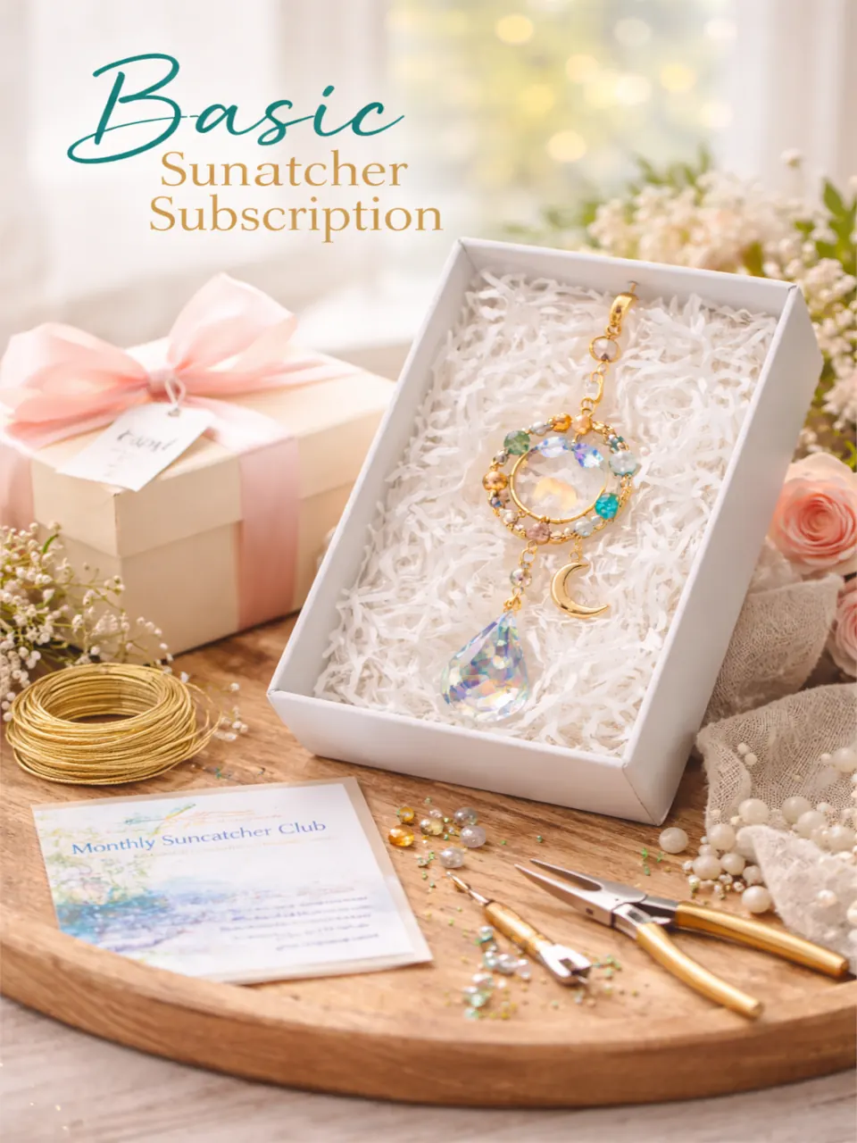 Basic Suncatcher Parties subscription featuring a handmade suncatcher presented in gift-style packaging