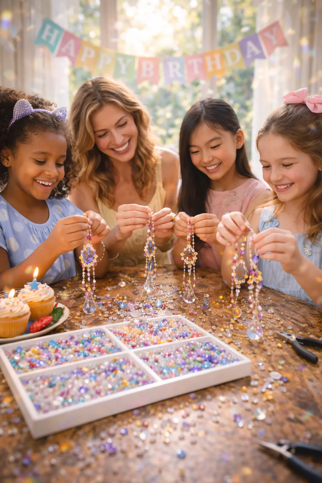 Children and adults celebrating with creative Suncatcher Parties during a birthday event