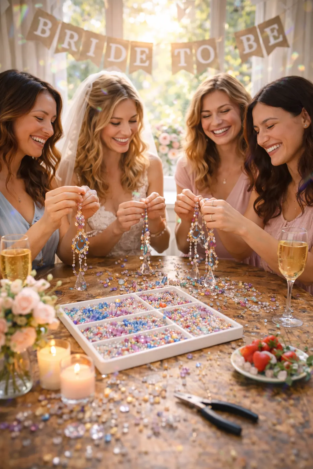Bride and guests creating elegant handcrafted designs during Suncatcher Parties at a bridal shower