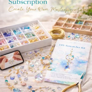 DIY suncatcher kit from Suncatcher Parties featuring crystals, beads, wire, and crafting tools for at-home creation