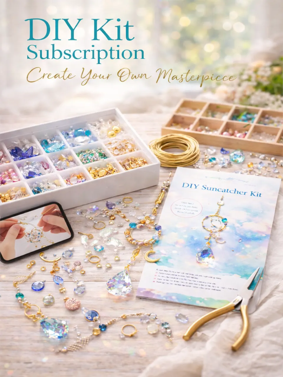 DIY suncatcher kit from Suncatcher Parties featuring crystals, beads, wire, and crafting tools for at-home creation