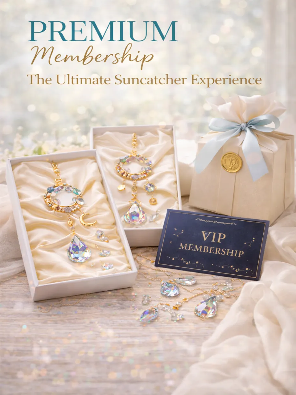 Premium Suncatcher Parties subscription featuring two handcrafted suncatchers with luxury crystal designs