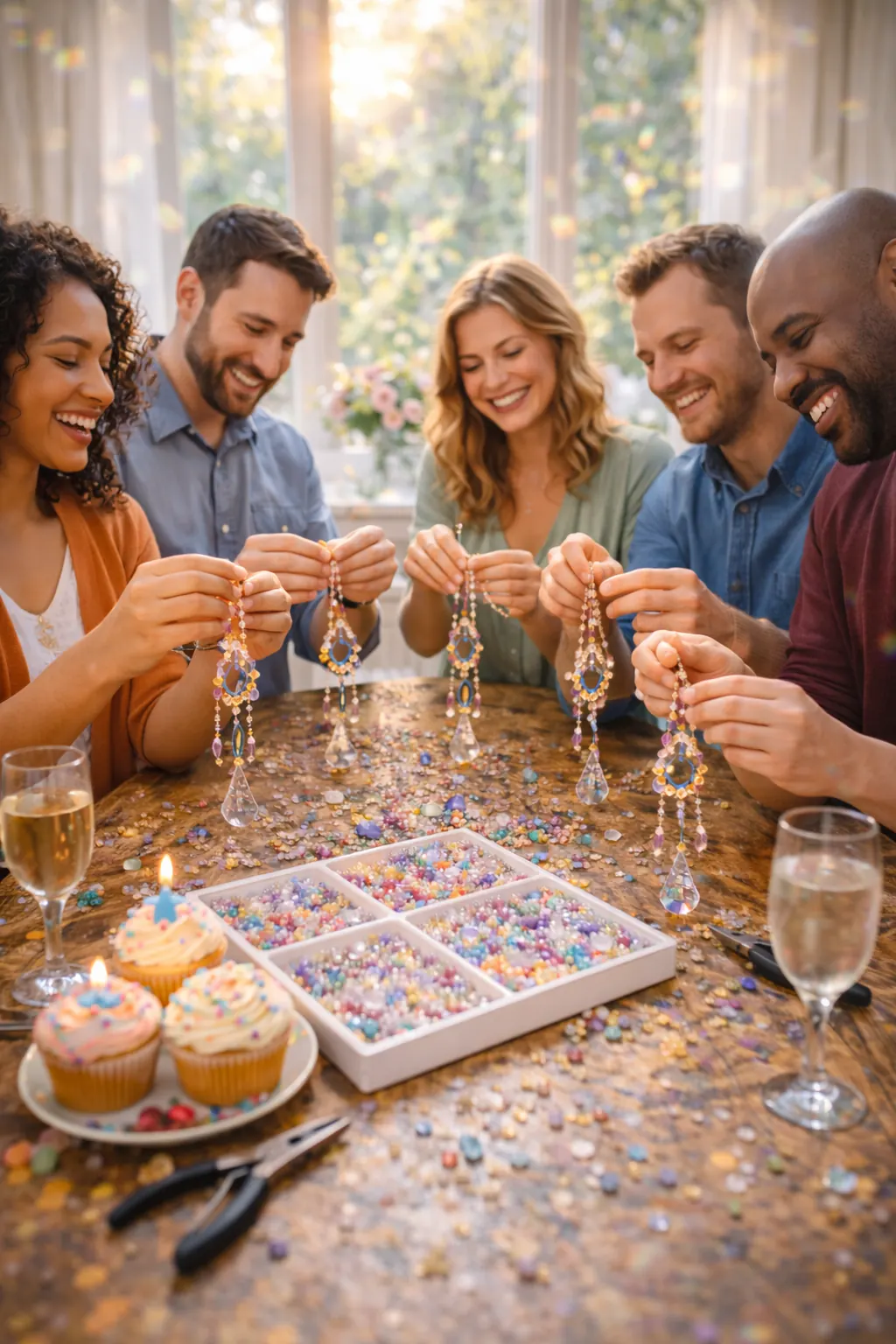 Coworkers participating in Suncatcher Parties as a team building workshop and creative activity