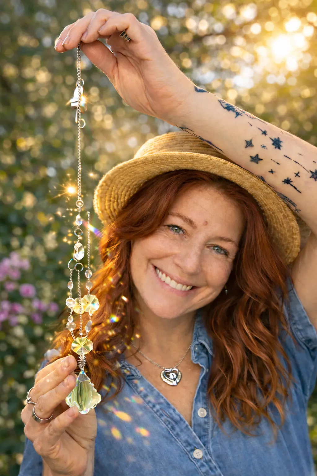 Missy Newman holding a handmade suncatcher - owner of Missy's Closet Suncatchers & Treasures