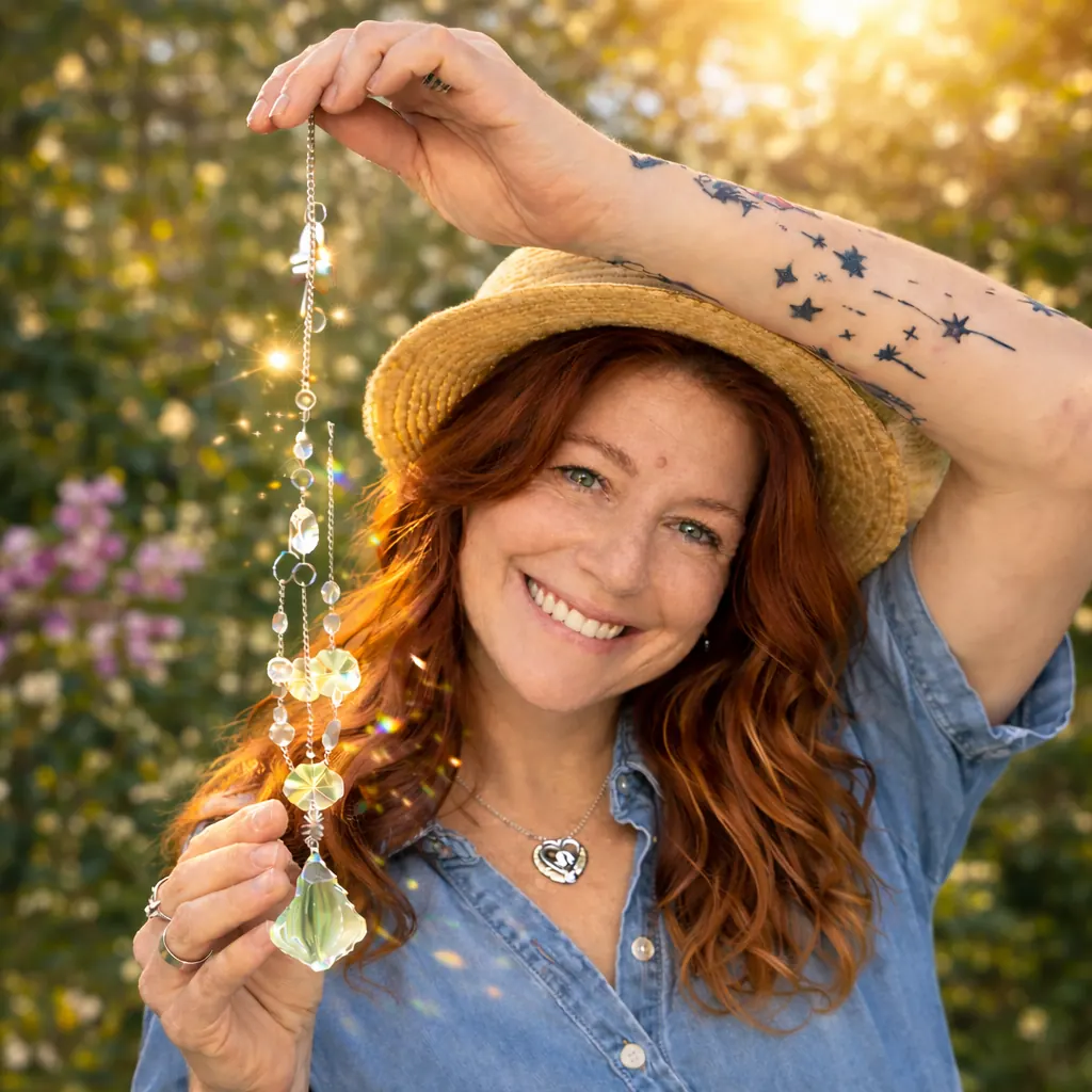 Missy holding one of her handmade crystal suncatchers in Slidell, Louisiana