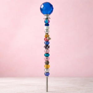 Handmade blue crystal fairy wand garden stake with colorful stacked beads and stainless rod.
