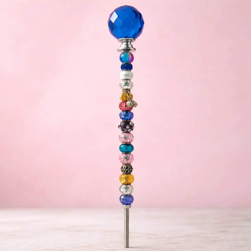 Handmade blue crystal fairy wand garden stake with colorful stacked beads and stainless rod.