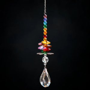 Rainbow crystal suncatcher with horizontal metal butterfly charm and prism crystal