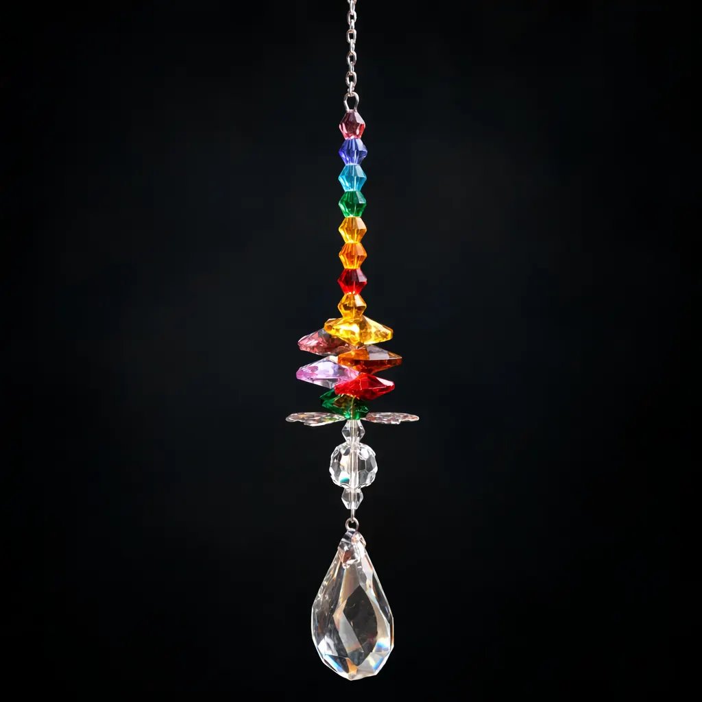 Rainbow crystal suncatcher with horizontal metal butterfly charm and prism crystal