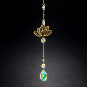 Handmade gold lotus crystal suncatcher with rainbow prism crystal on elegant dark background