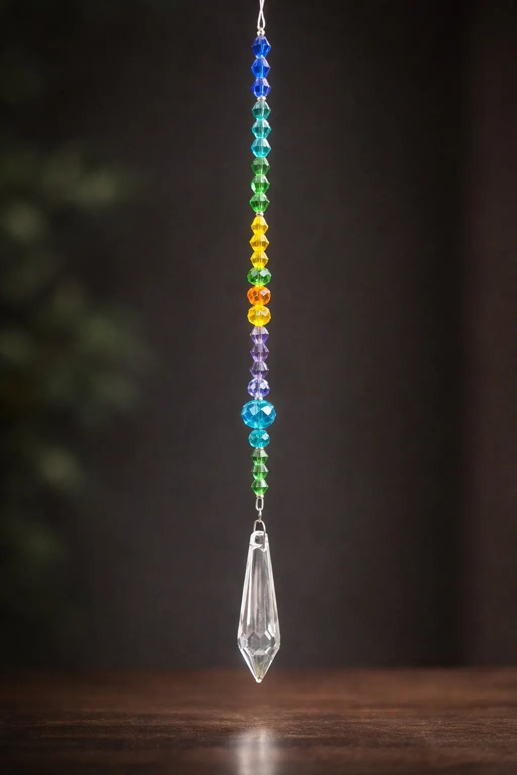 Rainbow crystal prism drop suncatcher with colorful glass beads and long faceted crystal prism hanging on dark background.