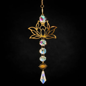 Golden lotus crystal prism suncatcher with rainbow glass beads on elegant dark background