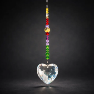 Handmade rainbow bead heart crystal suncatcher with faceted heart prism hanging against a clean background.