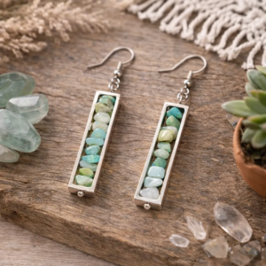 Boho inspired natural stone bar earrings styled with crystals and plants