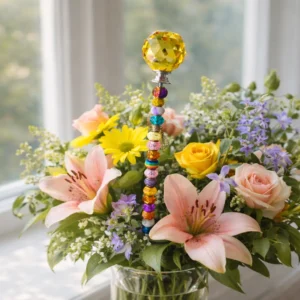 Yellow crystal fairy wand placed in a plant pot on a sunny windowsill